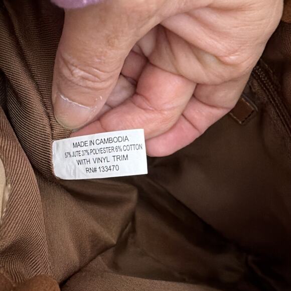 Frye And Co. Vegan Leather Jute Hand Bag Medium Size Brown/Tan/Jute Patchwork - Picture 8 of 10